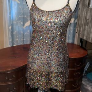 NWOT Free People multi colored sequin sheer slip dress with adjustable straps S!